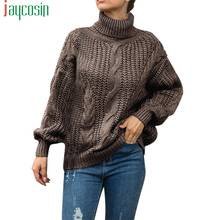 Женский свитер оверсайз с высоким воротником, вязаный пуловер с длинным рукавом, осенне-зимний теплый модный однотонный Женский Повседневный свитер 2024 - купить недорого