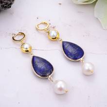 Guaiguai jóias natural azul lapis lazuli cultivado branco barroco keshi pérola banhado a cor do ouro cz balançar gancho brincos 2024 - compre barato