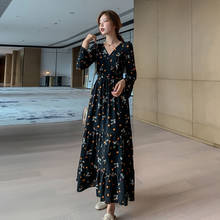 Women Dress Autumn Summer V-Neck Long Sleeve Floral Dress Black Vintage Long Dress Beach vestido de mujer 2024 - buy cheap