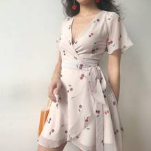 Summer French Flower Cherry Print Ruffled White Dress Women Lace Cross Lacing Up Elegant Bow Sexy Mini Girl Sundress Wrap Robe 2024 - buy cheap