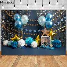 Fondos de estudio fotográfico con flecos y estrellas doradas brillantes, decoración de globos azules, para pastel de cumpleaños de niño 2024 - compra barato