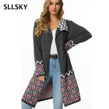 SLLSKY модный клетчатый длинный кардиган, женский свитер, Осенний вязаный свитер в стиле пэчворк с отложным воротником, женский свободный Дамский свитер 2024 - купить недорого