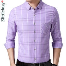 Camisa social masculina de manga comprida, camisa xadrez casual de bolso para primavera, roupa justa regular, moda 2021, 0020 2024 - compre barato