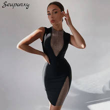 High-quality Diamond Bodycon Bandage Dress 2021 Summer Sexy O-neck Sleeveless Mesh Black Celebrity Club Party Dress Vestidos 2024 - buy cheap