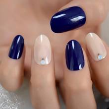 28 pçs oval unhas falsas azul escuro unhas falsas gemas deco curto brilhante unhas dicas com capa de gel acrílico francês escritório wear unhas 2024 - compre barato