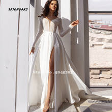Elegante linha a vestidos de casamento 2021 v-neck mangas completas sash beading luxo sem encosto até o chão vestidos de noiva novia 2024 - compre barato