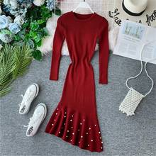 Vintage 2020 Ruffles Beading Slim Autumn Winter Bodycon Knit Sweater Midi Mermaid Dress Party Women Casual Long Sleeve Vestidos 2024 - buy cheap