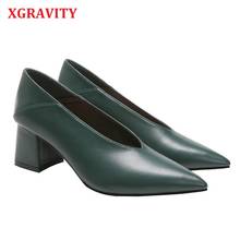 XGRAVITY 2021 New Pointed Toe Chunky Heel Women Shoes Comfortable Ladies V Cut Designer Fashion Shoes Elegant Evening Shoes A246 2024 - buy cheap