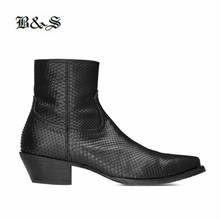2019 Black& Street High End Handmade customized wedge  High Heel denim boots Snake texture cow leather skinny slim fit Boots 2024 - buy cheap