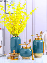 Blue Ceramic Vase Metal Cover Storage Jar Flower Arrangement Glaze Porcelain Vases Desk Decoration Flower Pot Home Decor Modern 2024 - buy cheap