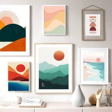 Pôsteres e impressões abstratas para parede, arte de parede laranja queimada, tela, pintura de sol, montanha, minimalista, desenho de uma linha, decoração de parede de casa 2024 - compre barato
