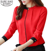 Blusa feminina chiffon manga comprida, camisa feminina vermelha social para mulheres 2021 2024 - compre barato