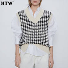 Vintage Houndstooth Knitted Sweater Women Autumn V neck Sleeveless Loose Vest Tops 2020 Lady Korean Office Pullover 2024 - buy cheap