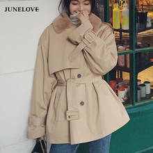 JuneLove Women Winter New Fashion Faux Rabbit Fur Collar Outwears Female Thick Warm Jackets Ladies Loose Coat Parkas With Belt 2024 - buy cheap