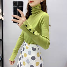 Suéter feminino elástico de malha de gola alta, blusão feminino slim de manga comprida da moda 2020 2024 - compre barato