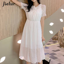 Jielur Summer Women Dresses V-neck Lace Up Chiffon Polka Dots Dress Korean Short Sleeved Solid Color A-line Vintage Vestidos 2024 - buy cheap