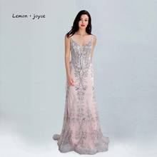 Lemon joyce Pink Evening Dresses 2020 Blush Pink Sexy V-neck Backless Appliques Mermaid Evening Gowns Plus Size 2024 - buy cheap