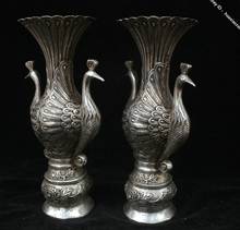 25.5cm chinês antigo bronze prata artesanal pavão vaso pote jarro garrafa par 2024 - compre barato