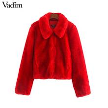 Vadim women fashion solid fur coat long sleeve turn down collar pocket jackets red black warm outwear casual chic tops CA617 2024 - buy cheap