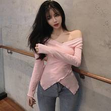 Camiseta feminina com decote em v, blusas de manga comprida para mulheres, estilo coreano, de algodão, novo, plus size, 2020 2024 - compre barato