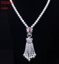 Branco 8mm concha pérola jóias camisola corrente colar moda jóias cabeça de leopardo embutimento zircon 6mm borla camisola corrente 2024 - compre barato