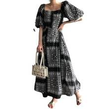 PERHAPS U Women Bohemian Black Loose Cotton Square Collar Puff Sleeve Tie Dye Print Big Hem  Zipper Ankle-Length Dress D3040 2024 - buy cheap