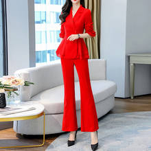 Spring Women Pant Suit Double Breasted Notched Ruffle Blazer Jacket & Flare Pant Casual Office Wear Women Suits Female Sets 2024 - buy cheap
