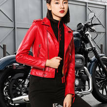 Chaqueta de motocicleta para mujer, abrigo corto de piel de oveja auténtica, diseño ajustado, rojo y negro, XXXL talla grande, otoño 2024 - compra barato