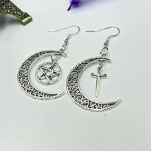 Pentagram Crescent Earrings, Moon and Star Earrings, Sword Pagan Earrings, Wand Wand Earrings, Pentagram Moon 2024 - buy cheap