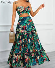 Ladies Sexy Tropical Print Sleeveless Suits Women Summer Backless Crop Top and High Waist Maxi Skirt Set Boho Printed 2pcs Set 2024 - compre barato
