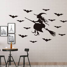 Adesivos de parede morcego bruxa e vassoura, para dia das bruxas, decoração de fundo de quarto infantil, pôsters e impressões de fotos de loja, arte de parede 2024 - compre barato