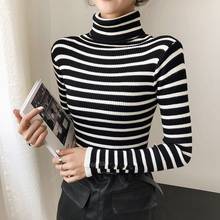Women Turtleneck Sweater Autumn Winter Coffee Beige Black Striped Pullover Sweater Korean Lady Knitted Sweater 2024 - buy cheap