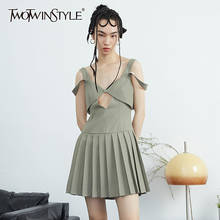 Twotwinstyle-vestido feminino sexy sem mangas com decote v, cintura alta, plissado, novo estilo, moda feminina 2024 - compre barato