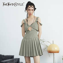 TWOTWINSTYLE Hollow Out Sexy Mini Dress For Women V Neck Sleeveless High Waist Pleated Summer Dresses Female Fashion New Style 2024 - buy cheap