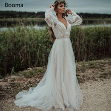 Deep V-Neck Boho Lace Wedding Dresses Backless Poet Sleeves High Slit Bridal Gowns Sashes A-Line Long Bride Dresses 2024 - buy cheap