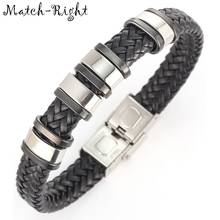 Pulseira masculina de couro, bracelete de couro com mangas, bracelete de aço inoxidável, pulseira masculina br007 2024 - compre barato