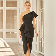 Vestido feminino preto plissado de um ombro, frete grátis, estilo celebridade, com preta 2024 - compre barato