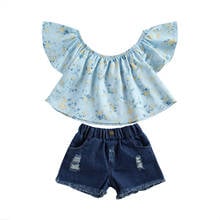 Conjunto de ropa de verano para niña pequeña, Top de hombros descubiertos con estampado Floral, blusa + Pantalones cortos Vaqueros, moda para niño de 1 a 6 años, 2 piezas, 2021 2024 - compra barato