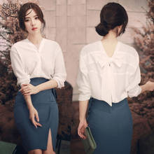 Blusa de chiffon branca lisa estilo coreano, camisa feminina manga longa com decote em v para escritório 2021 2024 - compre barato