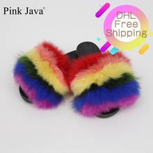 Chinelos de pele raposa real rosa java para mulheres, sapatos de verão, chinelos lisos, fofos e grandes, customizados para casa 2024 - compre barato