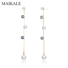 MAIKALE-pendientes largos de perlas negras para mujer, aretes con borla y cadena de serpiente dorada, joyería para niña, regalos 2024 - compra barato