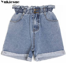 2020 verão cintura alta denim shorts feminino casual solto senhoras moda rolo para cima hem cintura elástica bolso azul branco jeans feminino 2024 - compre barato