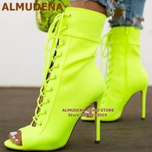 ALMUDENA Neon Elastic Lycra Ankle Boots Pink Heels Cross-tied Short Booties Open Toe Stiletto Heels Lace-up Dress Shoes Pumps 2024 - buy cheap