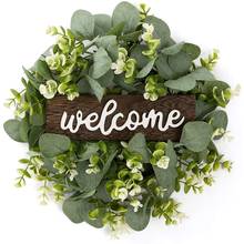 Hot Welcome Sign with Garland Door Decoration Wooden Hanging Sign with Artificial Eucalyptus Farmhouse Porch Decoration 2024 - buy cheap