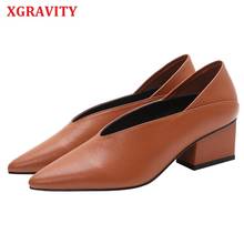 XGRAVITY 2022 Spring Ladies Dress Leather Chunky Mid-Heeled Women Shoes Pointed Toe Dress Lady Sexy V Design Retro Mother Shoes 2024 - buy cheap