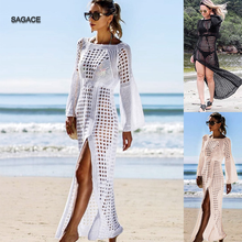 Sagace mulher oco para fora do biquíni cobrir protetor solar praia split crochê vestido summer2020 sexy malha férias praia vestido longo a33 2024 - compre barato