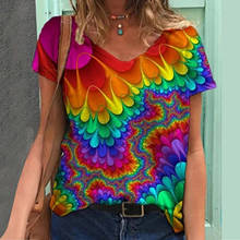 Camiseta com estampa de arco-íris e tintura abstrata feminina, camiseta com estampa colorida, gola em v, manga curta, camiseta vintage, top de mulher 2024 - compre barato