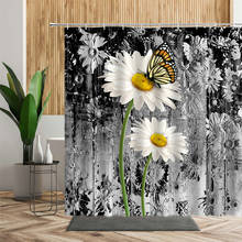 White Floral Butterfly Shower Curtain Daisy Flowers Black Wood Stripe Backdrop Waterproof Bath Partition Bathroom Decor Curtains 2024 - buy cheap