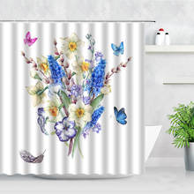 Cortina de chuveiro floral de primavera 3d, cortinas com estampa de borboleta branca, roxa, flores, decoração de cortina de banheiro de paisagem rústica moderna 2024 - compre barato