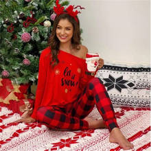 Conjunto pijama feminino xadrez estampa escrita, camiseta manga comprida + calças, roupa de dormir pijama preto vermelho branco 2024 - compre barato